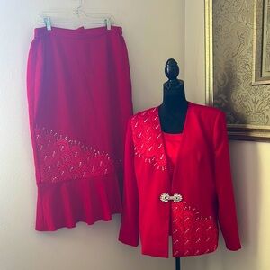 Ben Marc International Red 3 piece embellished suit blazer skirt satin cami 14